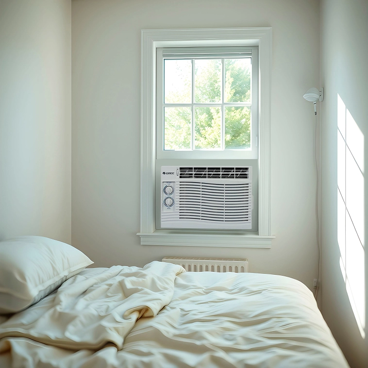 Cama com um ar-condicionado janela